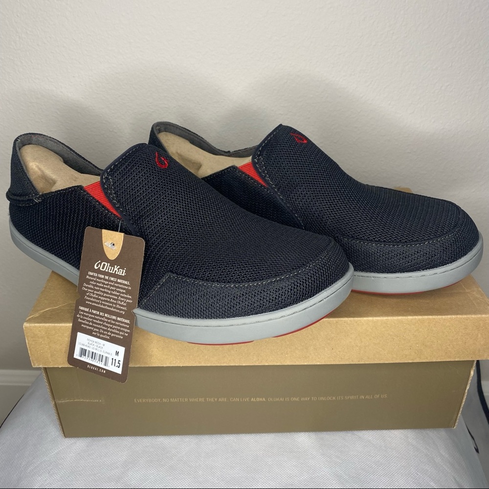 Men’s OluKai Nohea Black/Red Slip On Sneakers NWT